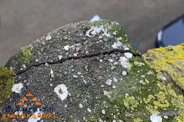 Beschadigde en verweerde nokvorst met scheuren en mos in Stadskanaal